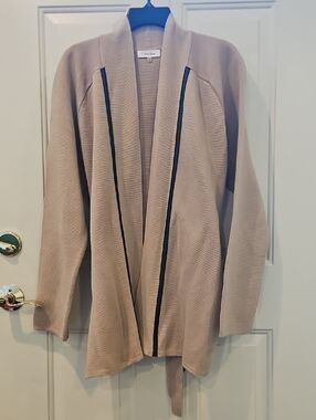 Calvin Klein Beige Open-Front Cardigan with Brown Trim